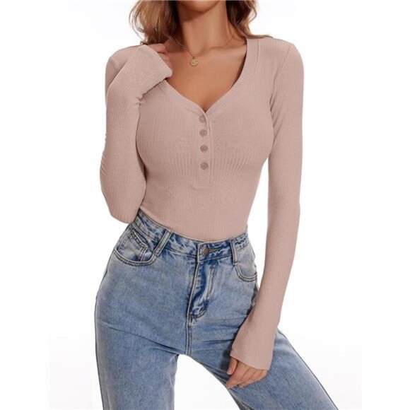 Long Sleeve V-Neck  Shirt - Slim Fit Ribbed Knit Button Top - Picture 3 of 7